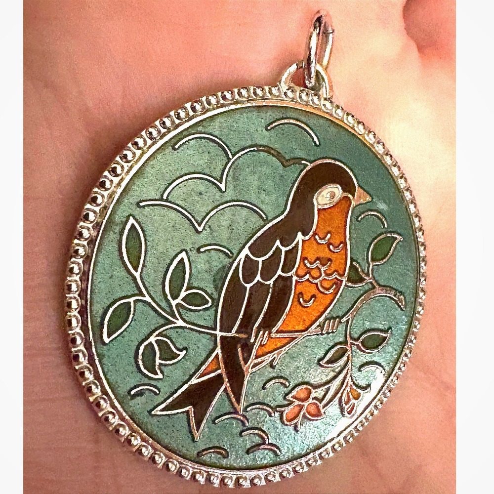 Sarah Coventry Robin Pendant Women's Teal Excellent Cloisonne Enamel Bird Round